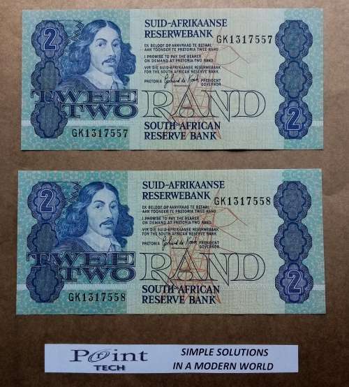 2 X GERHARD DE KOCK R2 BANKNOTES WITH SERIAL NUMBERS IN SEQUENCE (UNC)