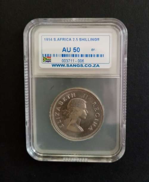 RARE GRADED COIN - 1954 SOUTH AFRICA 2.5 SCHILLING - AU 50