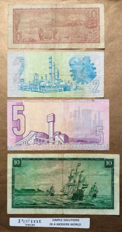4 SOUTH AFRICAN BANKNOTES-- ( R1, R2, R5 & RARE R10)