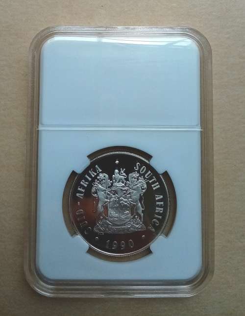 1990 SOUTH AFRICAN SILVER PROOF R1 COIN IN COIN HOLDER
