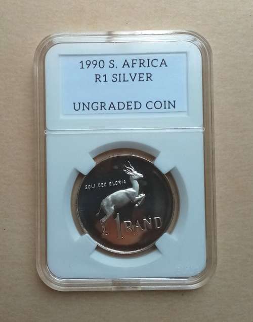 1990 SOUTH AFRICAN SILVER PROOF R1 COIN IN COIN HOLDER