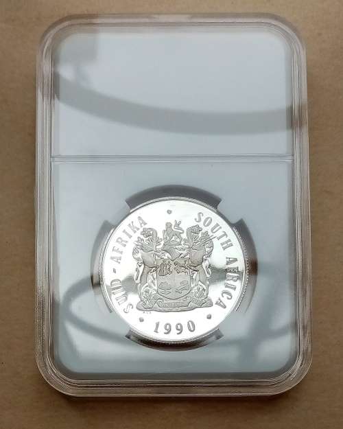 1990 SOUTH AFRICAN SILVER PROOF R1 COIN IN COIN HOLDER