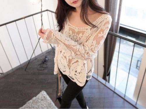 Sexy Semi Sheer Sleeve Embroidery Floral Lace Crochet Tee Top T Shirt Blouse Clothes