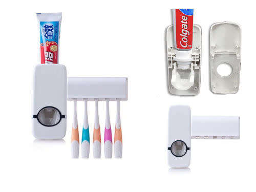 Automatic Toothpaste Dispenser + 5 Toothbrush Holder Stand Wall Mounted Bathroom