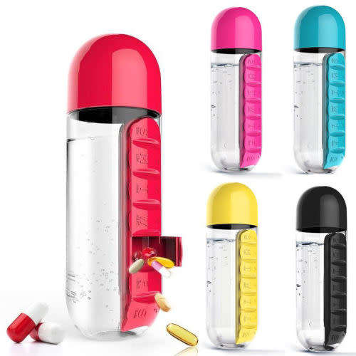 2-in 1 Sport Water Bottle Built-in Daily 7 Days Pill Box Case Vitamin Organizer