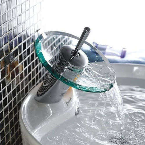 Modern Style Kitchen Bathroom Vessel Basin Sink Glass Waterfall Mixer Tap Faucet (KKBHK)