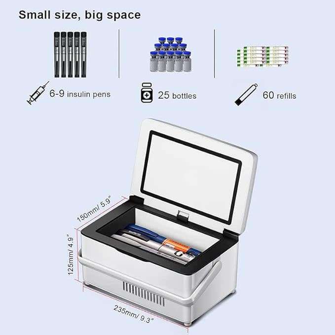 Portable Electronic Medicine Cooler (eg insulin). Plug or USB powered, with lithium battery backup