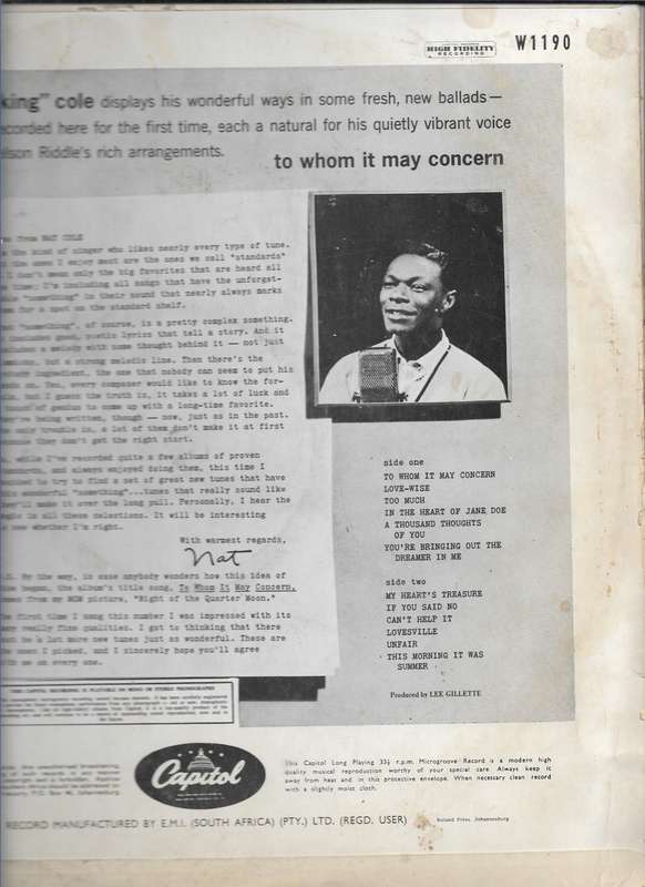 NAT KING COLE- TO WHOM IT MAY CONCERN (LP RECORD)
