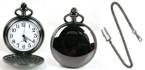 New BLACK Stainless Steel Polished Quartz Pocket Watch