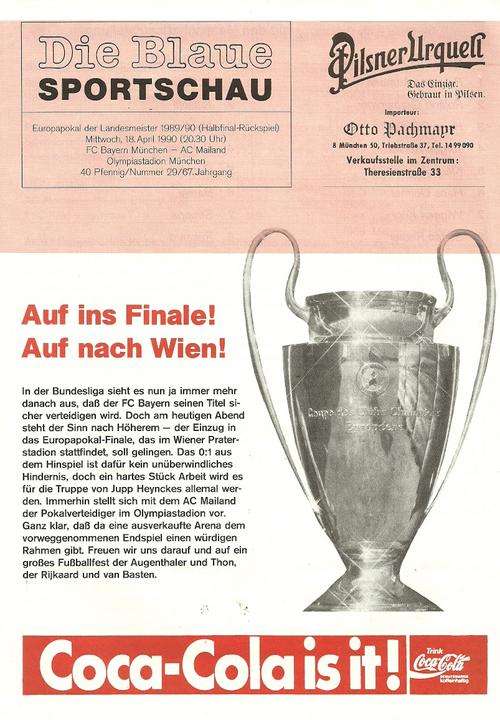 Bayern Munich v AC Milan 1989/90 Europan Cup Semi Final 2nd Leg Match Programme ( Rare )