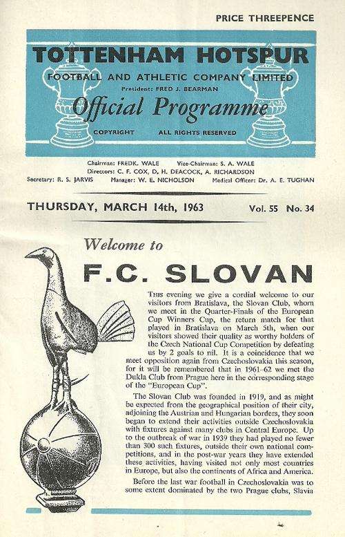 Tottenham Hotspur v F.C. Slovan ( CZE ) 1962/63 ECW Cup 1/4 Final 2nd Leg Match Programme ( Rare )