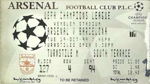 Arsenal v Barcelona 1999/2000 UEFA Champions League Group Stage Match Ticket