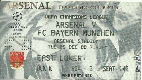 Arsenal v Bayern Munich 2000/01 UEFA Champions League Group Stage Match Ticket