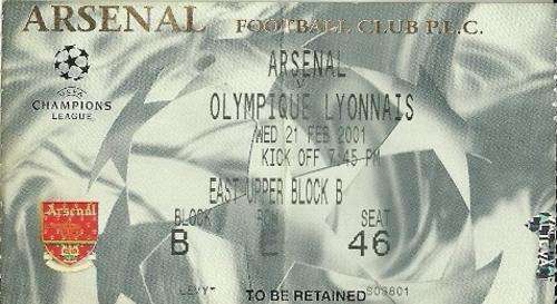Arsenal v Olympique Lyon 2000/01 UEFA Champions League Group Stage Match Ticket