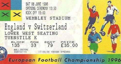 England v Switzerland Euro 1996 Opening Match Ticket