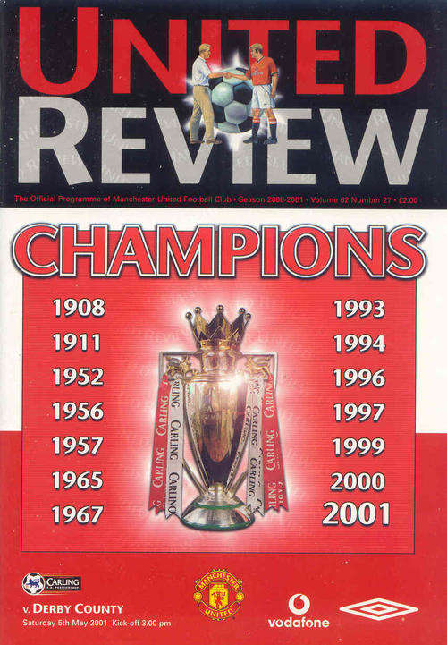 Manchester United v Derby County 2000/01 Premiership League Match Programme ( Champions Crowning )