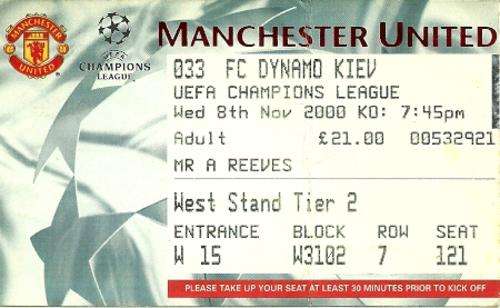 Manchester United v FC Dynamo Kiev 2000/01 UEFA Champions League 1st Group Stage Match Ticket