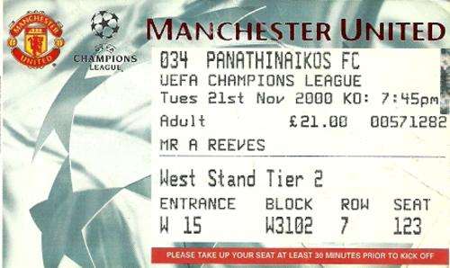 Manchester United v Panathinaikos FC 2000/01 UEFA Champions League 2nd Group Stage Match Ticket