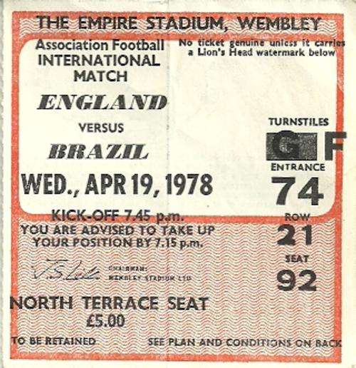 England v Brazil 1978 International Friendly Match Ticket