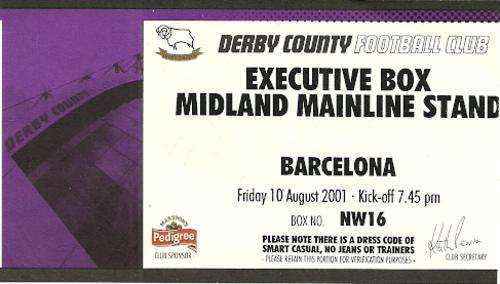 Derby County v FC Barcelona 2001 International Friendly Match Ticket