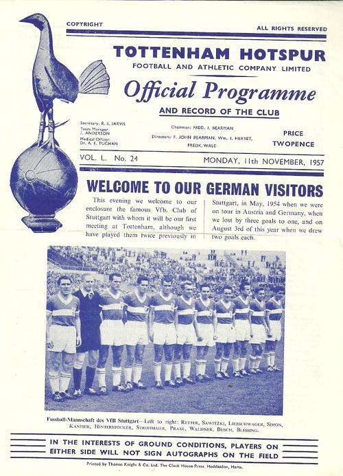 Tottenham Hotspur v Vfb Stuttgart ( West Germany ) 1957 International Friendly Programme