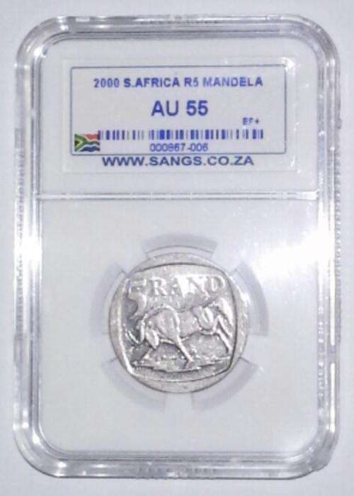 2000 Mandela Smiley R5 Coin SANGS Graded AU55
