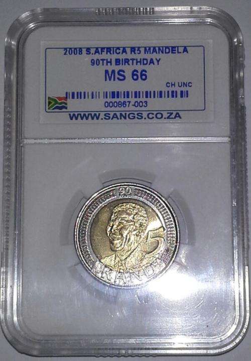 2008 Mandela 90th Birthday R5 Coin SANGS Graded MS66