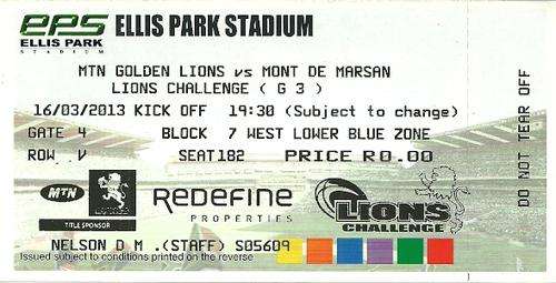 Lions v Mont De Marsan ( France ) 2013 Match Ticket