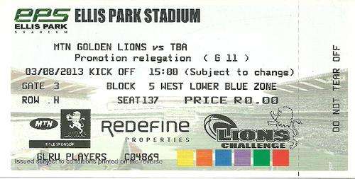 Lions v Kings 2013 SupeRugby Pro / Rel 2nd Leg Match Ticket