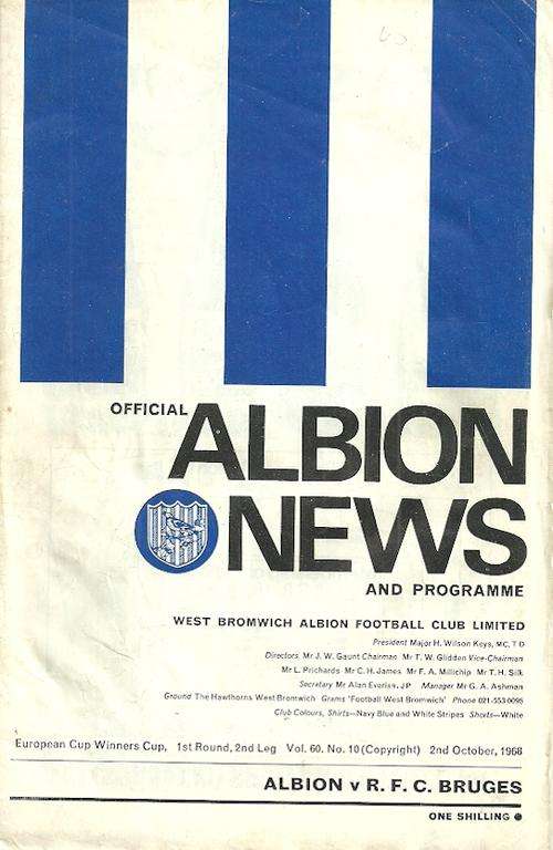 WBA v RFC Bruges ( Belgium ) 1968/69 ECWC 1st Rnd 2nd Leg Match Programme