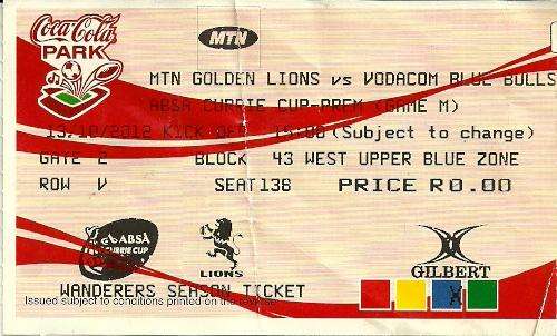 Lions v Bulls 2012 Currie Cup Match Ticket