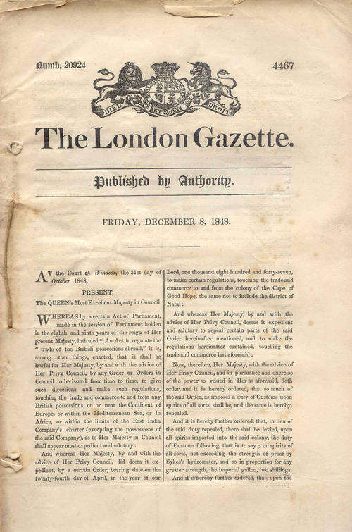 Vintage 1848 London Gazette News Paper - Covering the Battle of Boomplaats