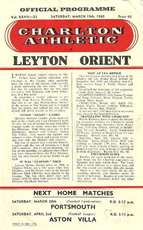 Charlton Athletic v Leyton Orient 1959/60 Division 2 League Match Programme