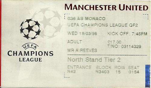 Manchester United v Monaco 1997/98 UEFA Champions League Quarter Final Match Ticket