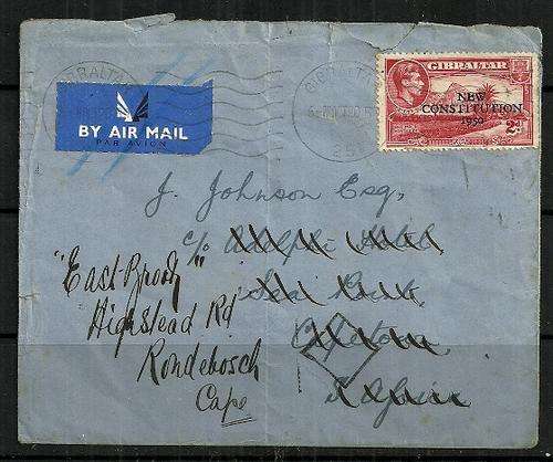 Gibraltar - 1950 Over Print New Constitution Letter addressed to Cape Town, South Africa