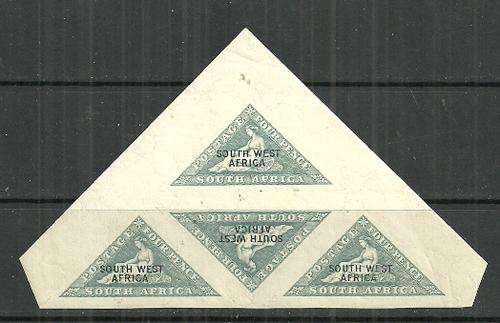 SWA - 1926/27 Triangular Stamp of SA Overprinted Imperforated Block of 4 English Language Stamps