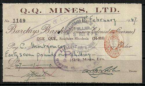 Southern Rhodesia 1947 Q.Q. Mines LTD Used Cheque with Revenue Stamp