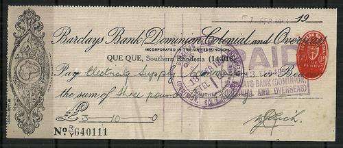Southern Rhodesia 1953 Q.Q. Mines LTD Used Cheque with Revenue Stamp