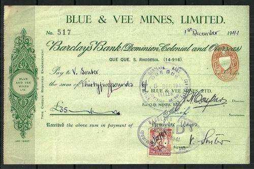 Southern Rhodesia 1941 Blue & Vee Mines LTD Used Cheque with Revenue Stamp