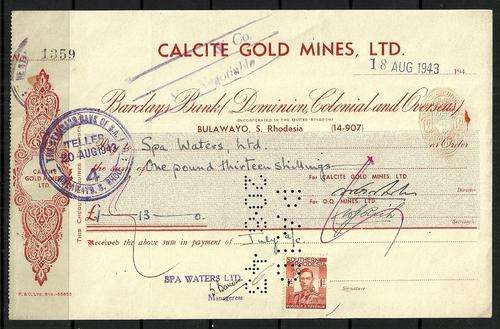 Southern Rhodesia 1943 Calcite Gold Mines LTD Used Cheque with Revenue Stamp