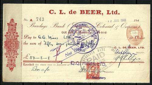 Southern Rhodesia 1948 C.L. de Beer LTD Used Cheque with Revenue Stamp