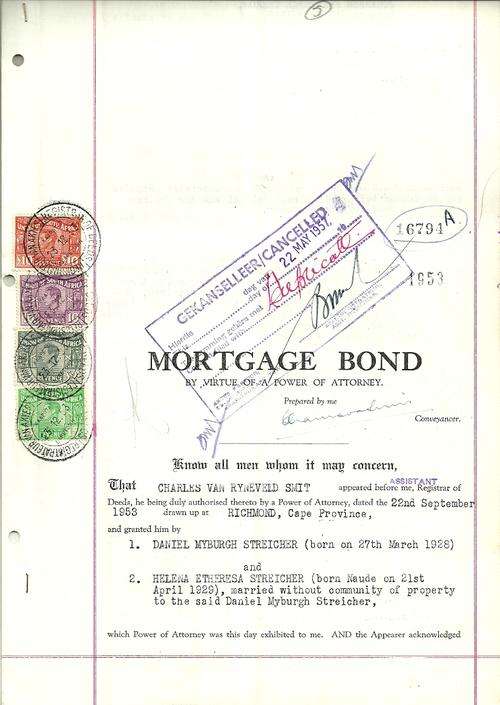 South Africa 1953 Mortgage Bond Document with Revenue Stamps including the 15/-