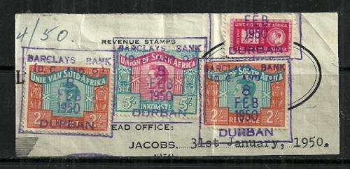 Union of South Africa - King George Vl 2/ x2, 5/ & 1 Pound Revenue Stamps Used on Paper