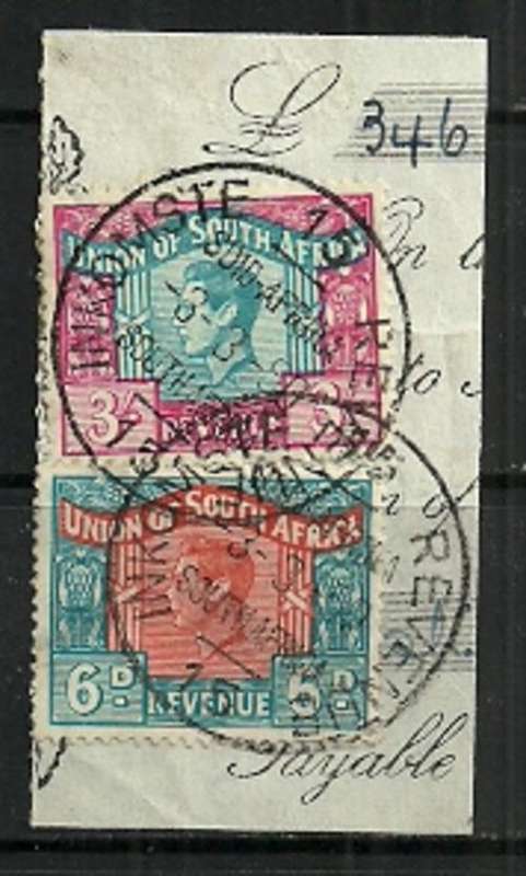 Union of South Africa - King George Vl 6D & 3/ Revenue Stamps Used on Paper