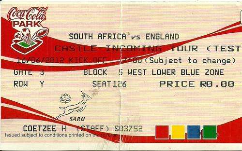 South Africa v England 2012 2nd Test Match Ticket