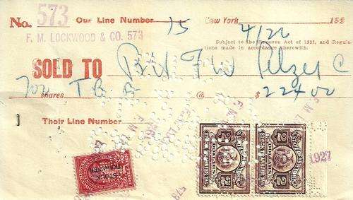 USA - 1927 Share Transfare Receipt with Revenue Stamps