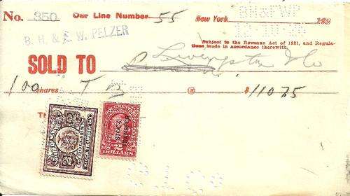 USA - 1927 Share Transfare Receipt with Revenue Stamps