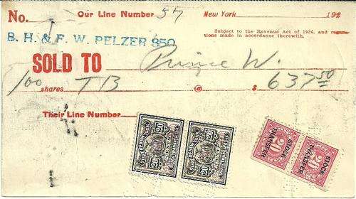 USA - 1927 Share Transfare Receipt with Revenue Stamps
