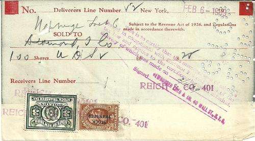USA - 1939 Share Transfare Receipt with Revenue Stamps