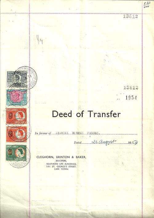 Union of South Africa 1954 Deed of Transfer with Revenue Stamps